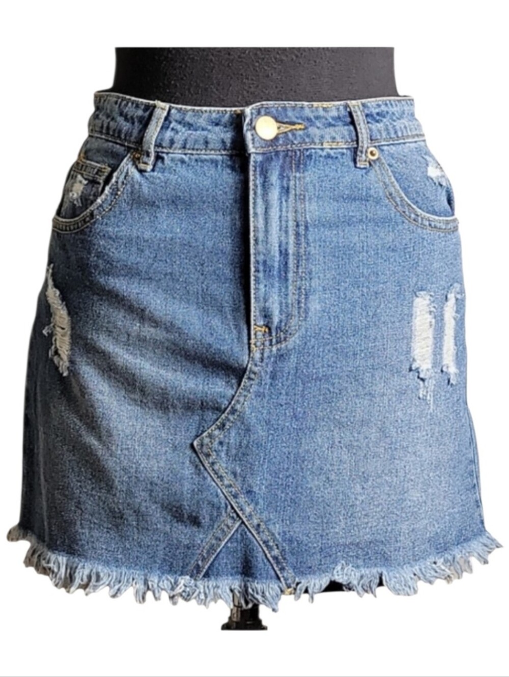 Forever 21 denim mini skirt size small distressed frayed hem blue jean skirt